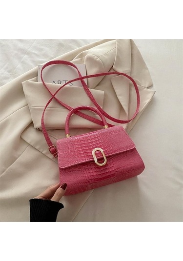 Novahub El Çantası Moda Trend Çapraz Askılı Çanta Retro Basit Küçük Kare Çanta Kişiselleştirilmiş Timsah Desenli Omuz Çantası Gül Pembe Fuşya