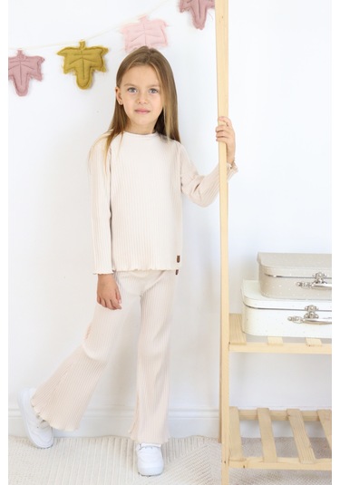 Kız Çocuk İspanyol Paça Fitilli Kumaş Pamuklu Takım Ekru