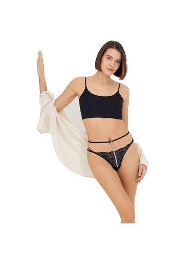 Siyah Dantelli Taş Detaylı Ayarlanabilir Lastikli Kadın Tanga Külot Siyah