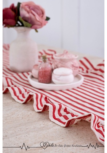 Kırmızı Çizgili 40x125 Şık Tasarım Ekstra Büyük Fırfırlı Runner, %100 Keten Runner Bej