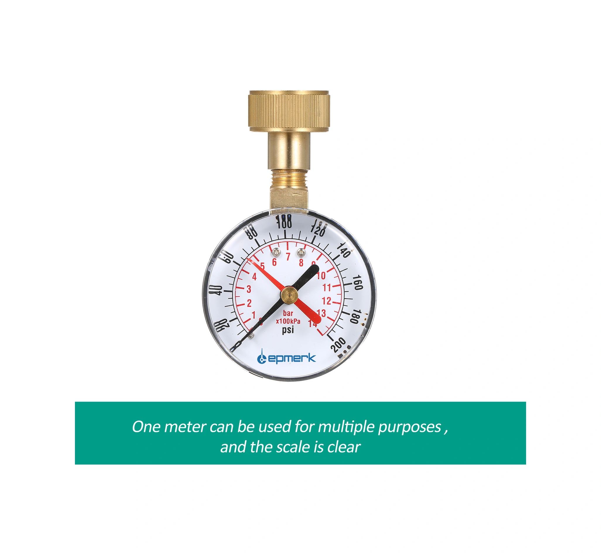 Yuntech01 Su Basıncı Test Cihazı 2-1/2" Manometre 3/4" Dahili Işın 0-200psı Kırmızı Gösterge, Bakır Malzeme, Ev Su Tesisleri Testi
