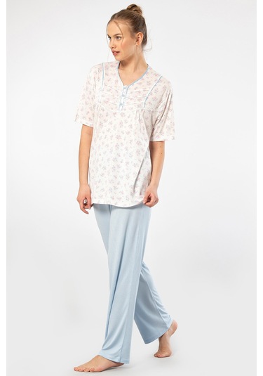 Türen 3369 Kadın Büyük Beden Kısa Kollu Pijama Takım-mavi Mavi