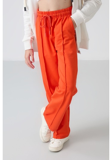 Tommy Life Portakal Cepli Ön Dikiş Detaylı Geniş Paça Kız Çocuk Eşofman Altı -75144 Turuncu