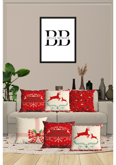 Belle Benoit Yılbaşı Baskılı Dekoratif 6'lı Koltuk Kırlent Kılıfı Kırmızı - Beyaz