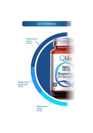 Qlife Magnezyum Triple Sitrat ve Malat ve Bisglisinat 30 Tablet﻿﻿