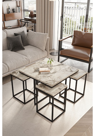 Lizbon 4+1 Kare Sehpa Takımı Siyah Metal - Beyaz Mermer Tabla