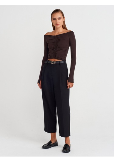 Dilvin 32089 Omuzları Açık Büzgülü Top-koyu Kahve Koyu Kahve