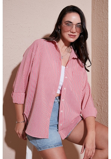 Lela Regular Fit Uzun Kollu Cepli Çizgili Bayan Gömlek 6772895 Kırmızı