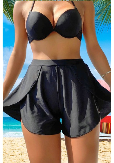 Kadın Beyaz Deniz Havuz Şortu Etek Görünümlü Yırtmaçlı Şık Model İçte Bikini Slip 1108 Siyah