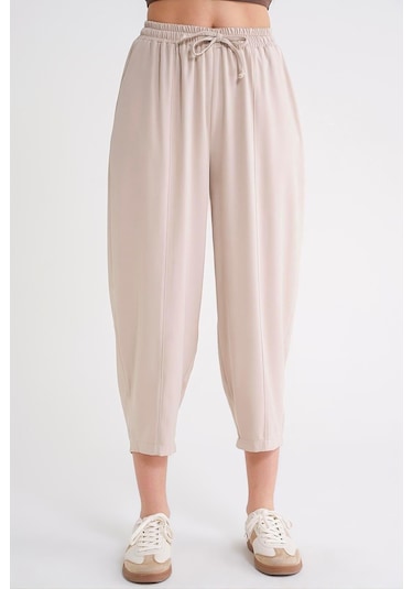 4307 Kadın Beli Lastikli Parçalı Şalvar Pantolon Taş Taş