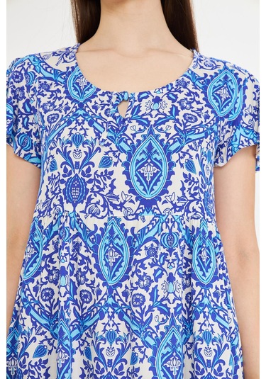 Mavi Yuvarlak Yakalı Kısa Mendil Kol Etnik Otantik Desenli Rahat Kesim A-line Kısa Elbise Mavi-beyaz