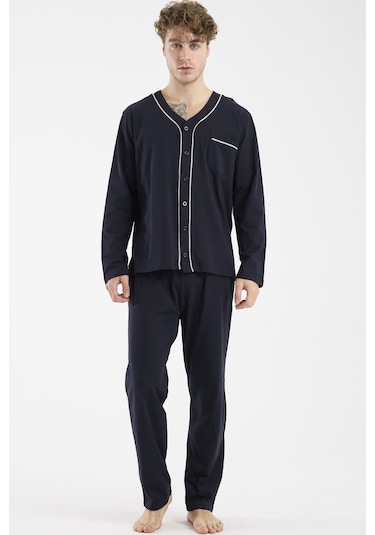 V Yaka Düğmeli Pijama Takım - Lacivert Lacivert