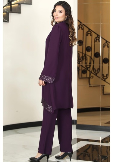 Umay Şifon Tunik Pantolon İkili Tesettür Takım Mürdüm Mürdüm