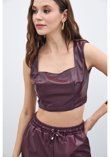 Kare Yaka Deri Crop - Bordo-135670 Bordo
