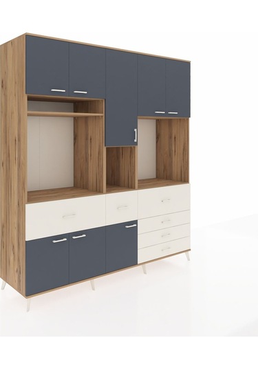 Kronos Dolap 10 Raflı 6 Çekmeceli 8 Kapaklı 220x59x243 Çam-antrasit/aytaşı Antrasıt/aytası