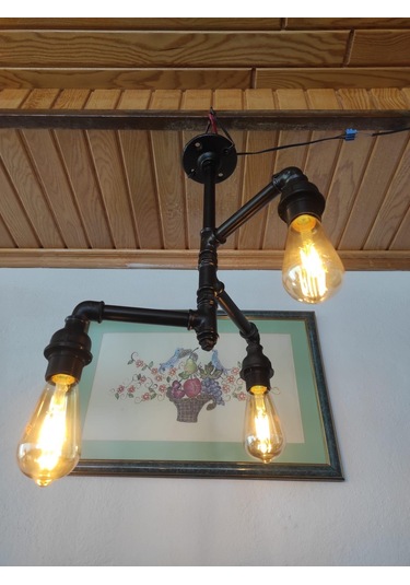 Endüstriyel Tasarım Vintage Tavan Avize Borulardan Lamba 3'li Siyah
