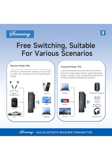 Yunboo S2 Bluetooth V5.3 Alıcı-verici, Tek Tıkla Geçiş, 2-in-1 Fonksiyon, Araçta Ellerden Özgür Konuşma, Kablosuz Ses Aktarımı