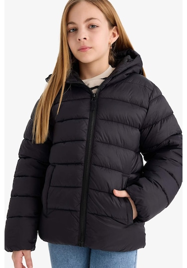 Defacto Kız Çocuk Su İtici Kapüşonlu Fermuarlı Şişme Mont E5406a825aubk27 Siyah