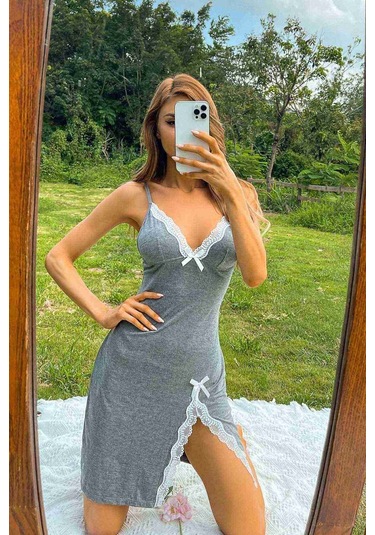 Alpinmoda Yırtmaçlı Dantelli Penye Gecelik Ms22044 Gri