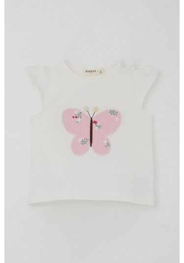 Breeze Kız Bebek Şortlu Takım Çiçek Baskılı Kelebek Nakışlı Düğme Aksesuarlı 6 Ay-2 Yaş, Ekru Ekru