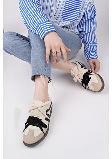 Muggo Retro Çift Bağcıklı Günlük Kadın Sneaker Spor Ayakkabı - Bej