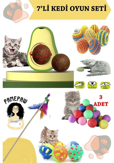 7'li Set : Yapışkanlı Kedi Çimi Avokado Catnip , Sarma Top , Olta , 3'lü Mini Top , Çıngıraklı Top