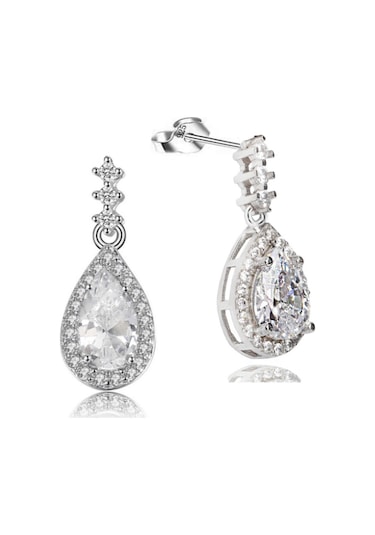 Brezza Lusso Jewelry Zirkon Taşlı Işıltılı Damla Diamond Kadın Gümüş Kolye Küpe Seti