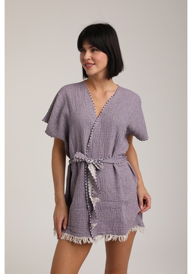 Life For Moda Kadın Kuşaklı Müslin Pareo Kimono P 80 Mor