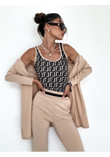 Modasize Kadın Uzun Kollu Krep Üçlü Takım Bej