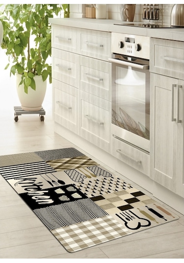 Krem, Kitchen Kaymaz, Organik Pamuk Taban Mutfak Halısı