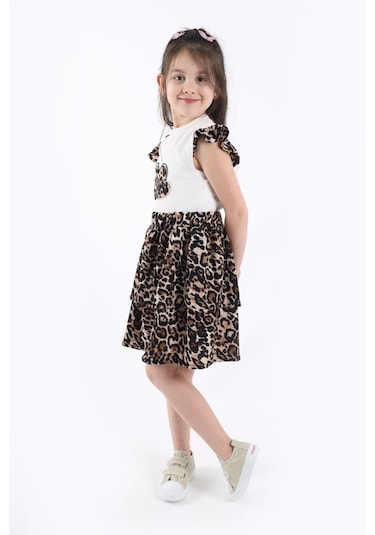 Aden Kids Kız Çcouk Leopar Desenli Alt Üst Etekli Takım Kahverengi