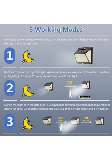Ulzyvf 228 Led Güneş Enerjili Hareket Sensörlü Dış Mekan Lambası, 3 Işık Modlu Siyah Siyah