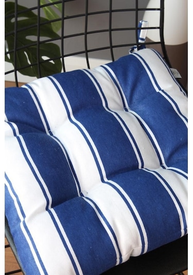 Altınpamuk Altınpamuk Beta Pofidik Mavi Beyaz Sandalye Minderi Bağcıklı 40X4