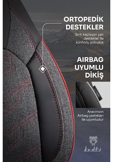 Siyah - Kırmızı Butti Bello Serisi Keten Kumaş Premium Oto Koltuk Kılıfı Ortopedik Destekli, Ön Arka Tam Set