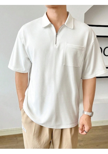 Erkek Oversize Polo Yaka Waffle T-shirt Poloyaka-fermuarlı Beyaz