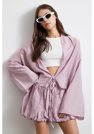 Geniş Kol Önden Bağlamalı Bluz Lila LILA