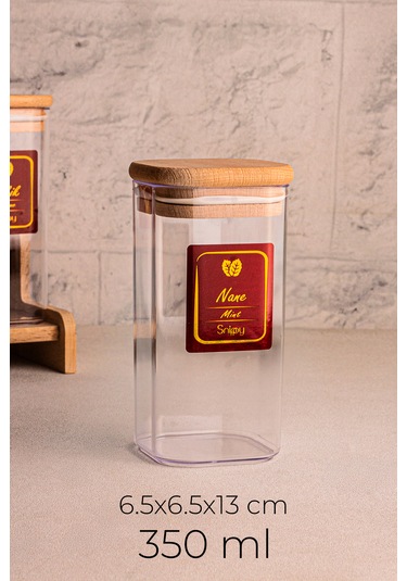 Snippy Lunver - 12'li Ahşap Standlı Vakumlu Etiketli Akrilik Saklama Kabı Baharatlık Seti 350 Ml Ahşap