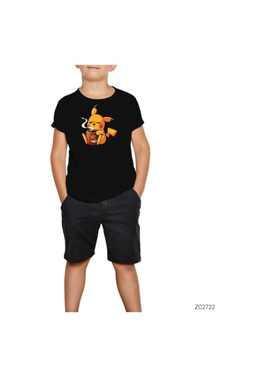 Pikachu Coffe Siyah Çocuk Tişört Siyah
