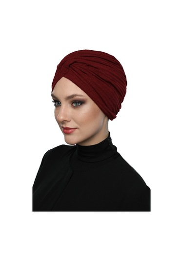 Çapraz Penye Astarlı Bordo Hazır Türban Tesettür Havuz Bonesi Bordo