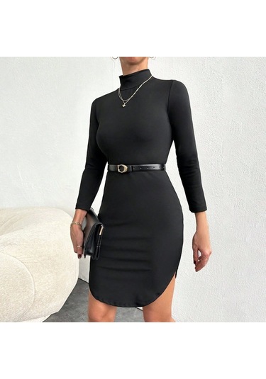 Kadın Uzun Kollu Balıkcı Yaka Elbise Kemersiz Siyah