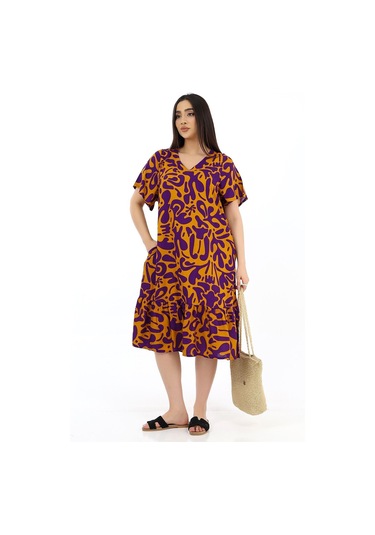 Schık Kadın Viskon Yarım Kol V Yaka Cepli Fırfırlı Elbise Mor Mor