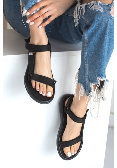 Imershoes Erkek Günlük Step Sandalet Düz Taban Cırtlı Spor Yazlık - 497212327 Siyah