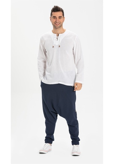 Uzun Kol Şile Bezi Zımbalı Erkek Tshirt Beyaz 3001
