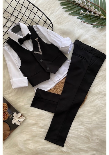 Zincirli Begos Erkek Çocuk Takım Elbise Siyah