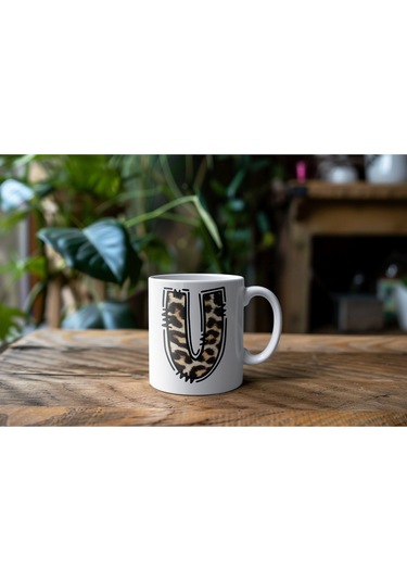 U Baş Harf Leopar Desenli Kupa Bardak - Kişiye Özel Feminen Konsept Hediye - Vahşi Hayvan Desenli Beyaz