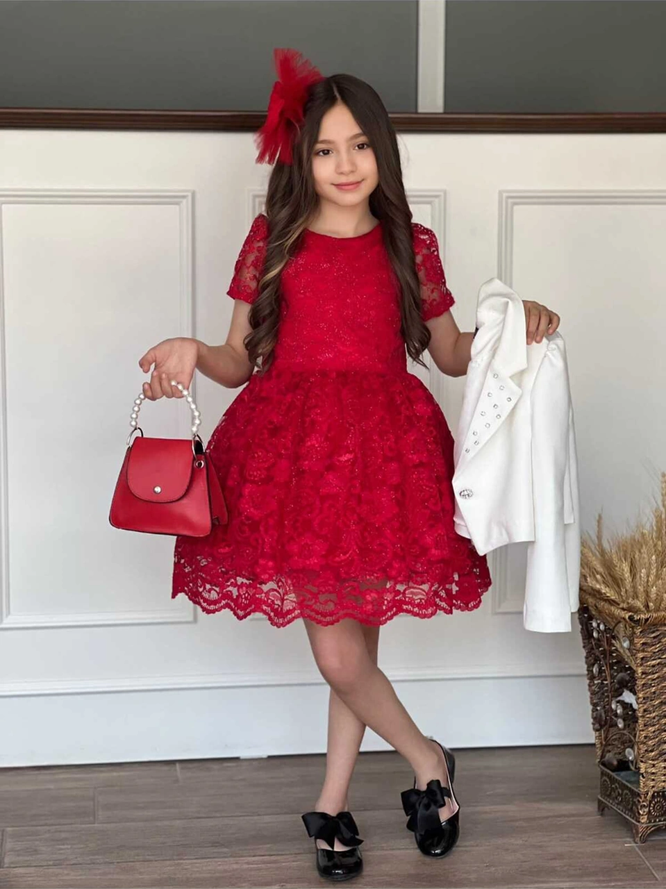 Uğur Böceği Çocuk Kız Çocuk 4'lü Şık Abiye Takım Elbise Ceket Çanta Toka Kırmızı