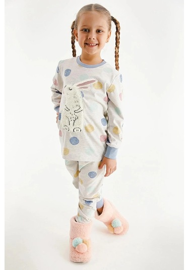 Kız Çocuk Pamuklu Uzun Kollu Tavşanlı Pijama Takımı-11393 Bej