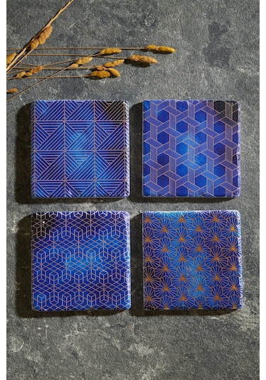 Altın Varaklı Mavi 4'lü Traverten Bardak Altlığı Mavi