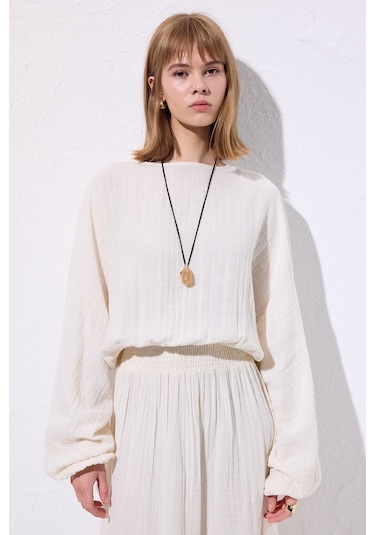 Müslin Beli Büzgülü Elbise Ekru Ekru