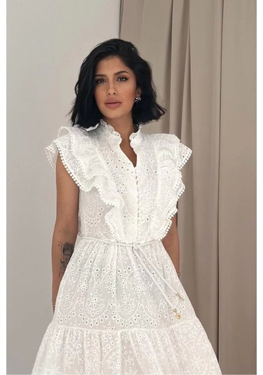 Beyaz Fırfırlı Düğmeli Elbise Beyaz